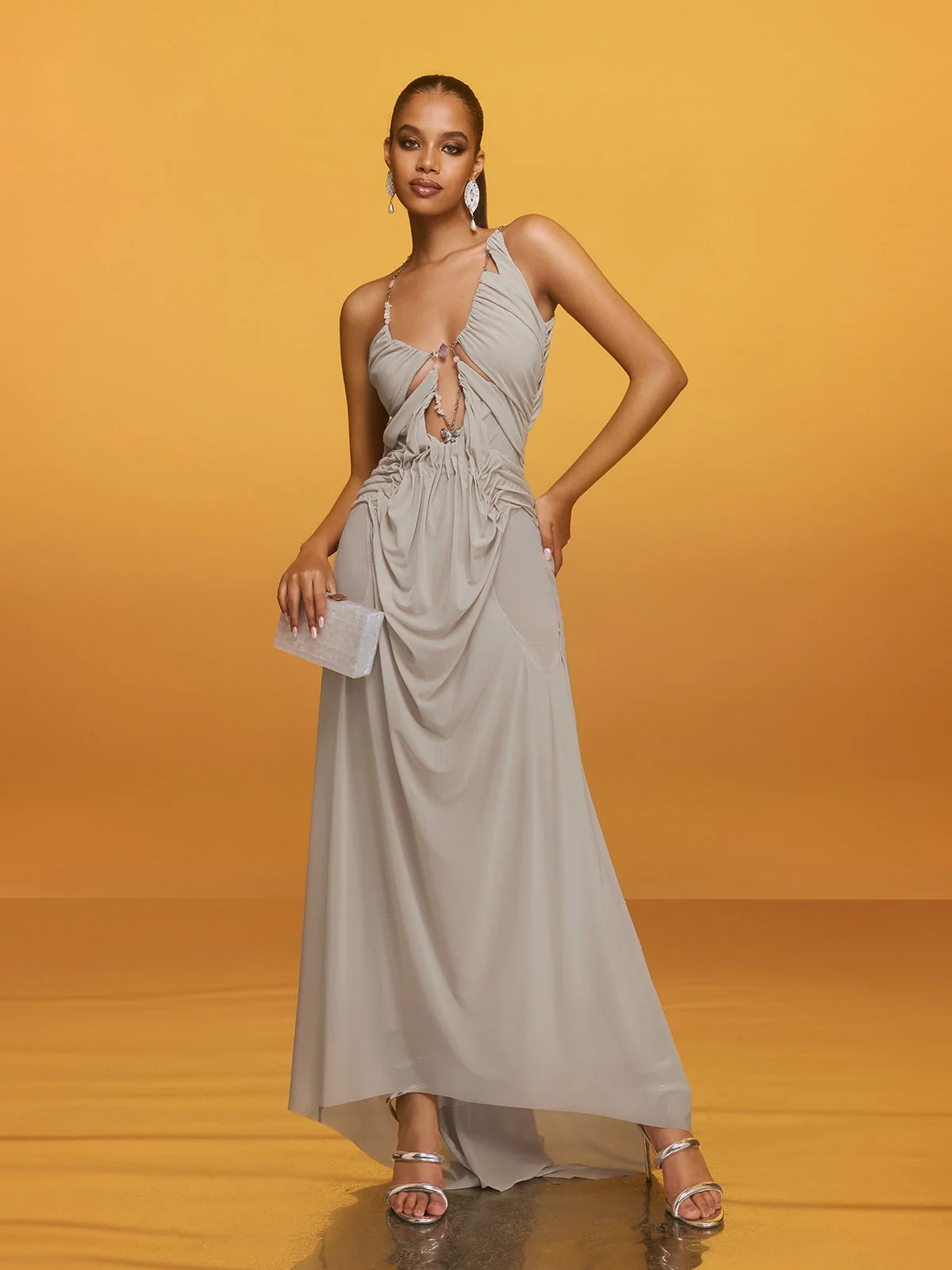 Apricot Halterneck Ruched Maxi Dress - Elegant Style Statement
