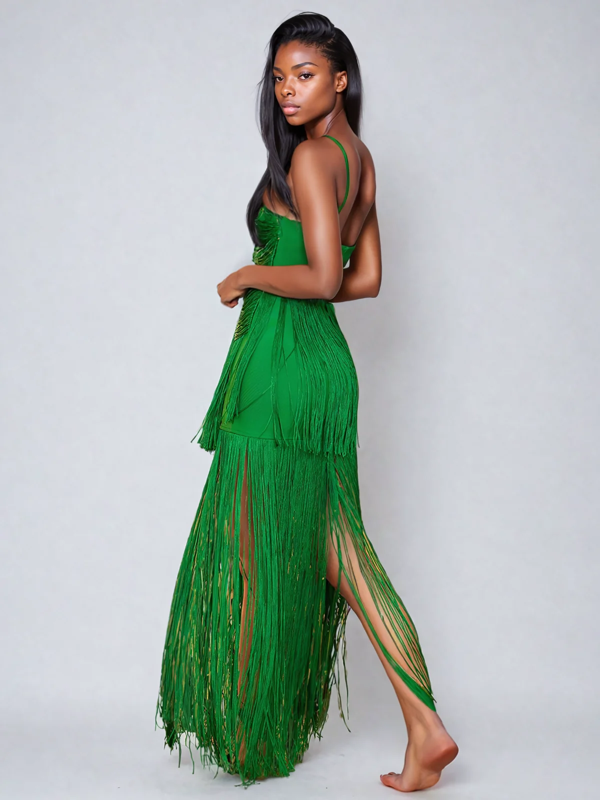 Elegant Fringe Maxi Dress in Bandage Fabric
