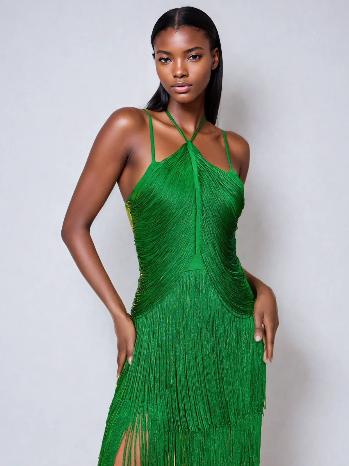 Elegant Fringe Maxi Dress in Bandage Fabric