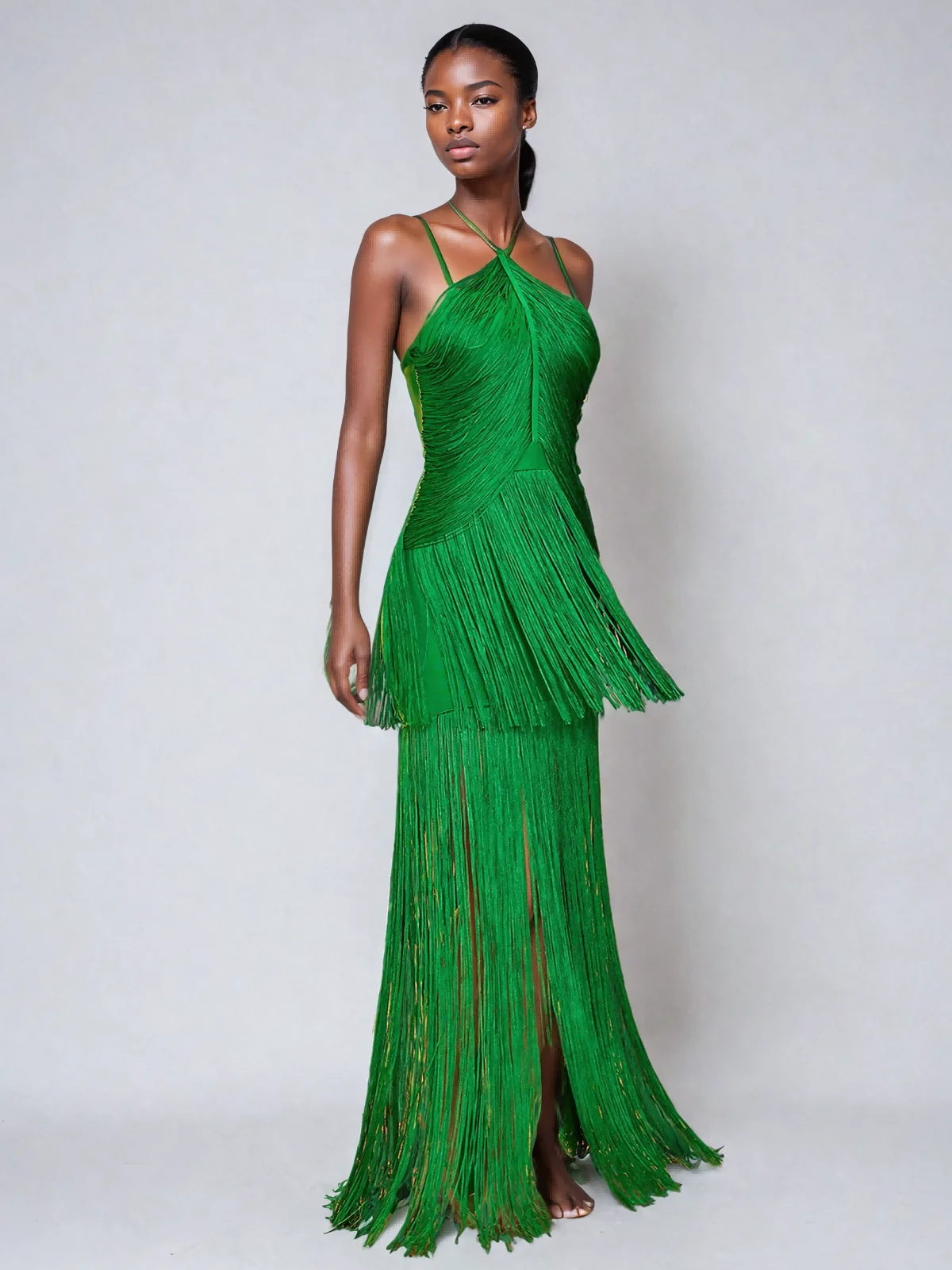 Elegant Fringe Maxi Dress in Bandage Fabric