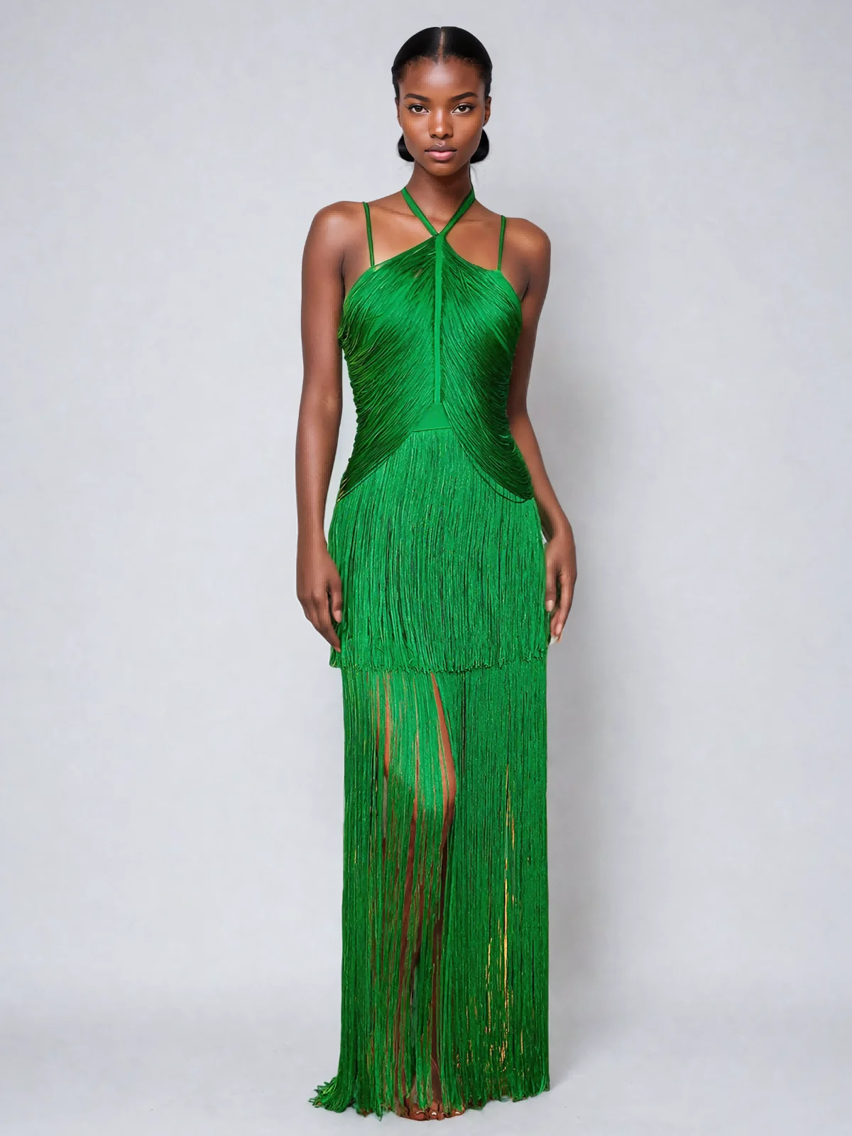 Elegant Fringe Maxi Dress in Bandage Fabric