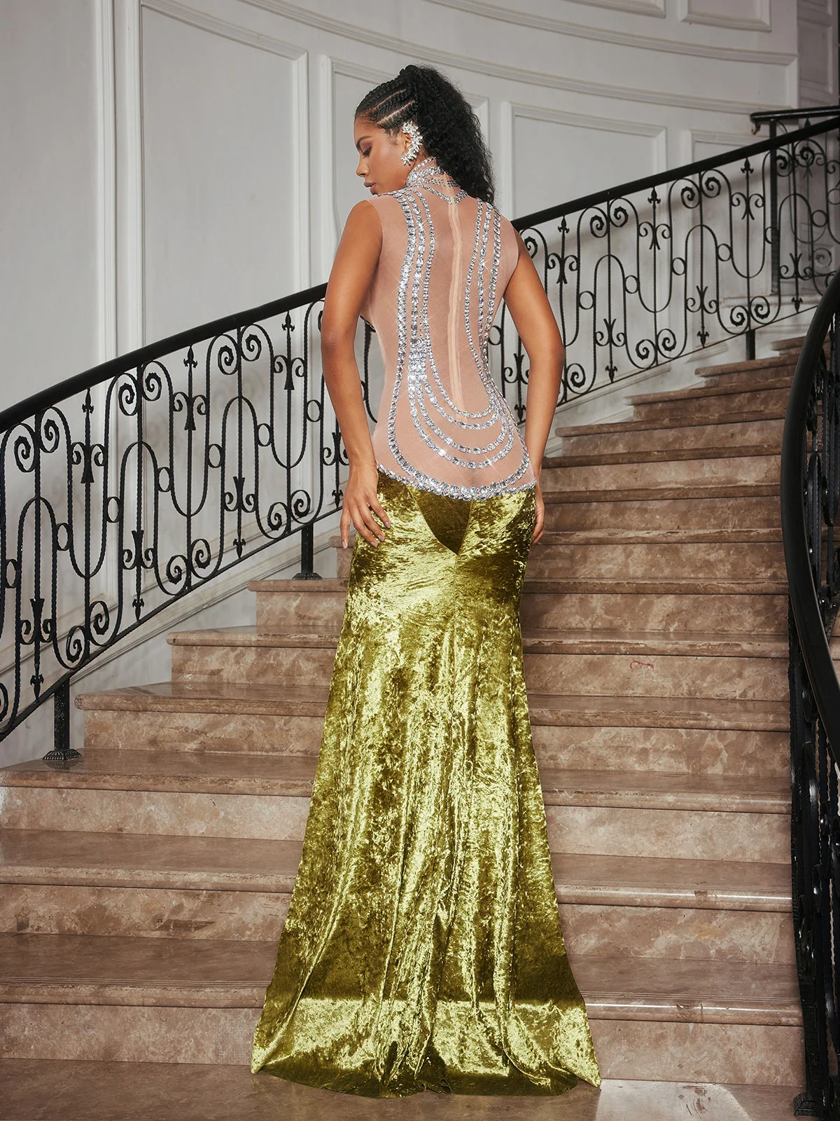 Luxurious Rhinestone Velvet Mermaid Maxi Dress