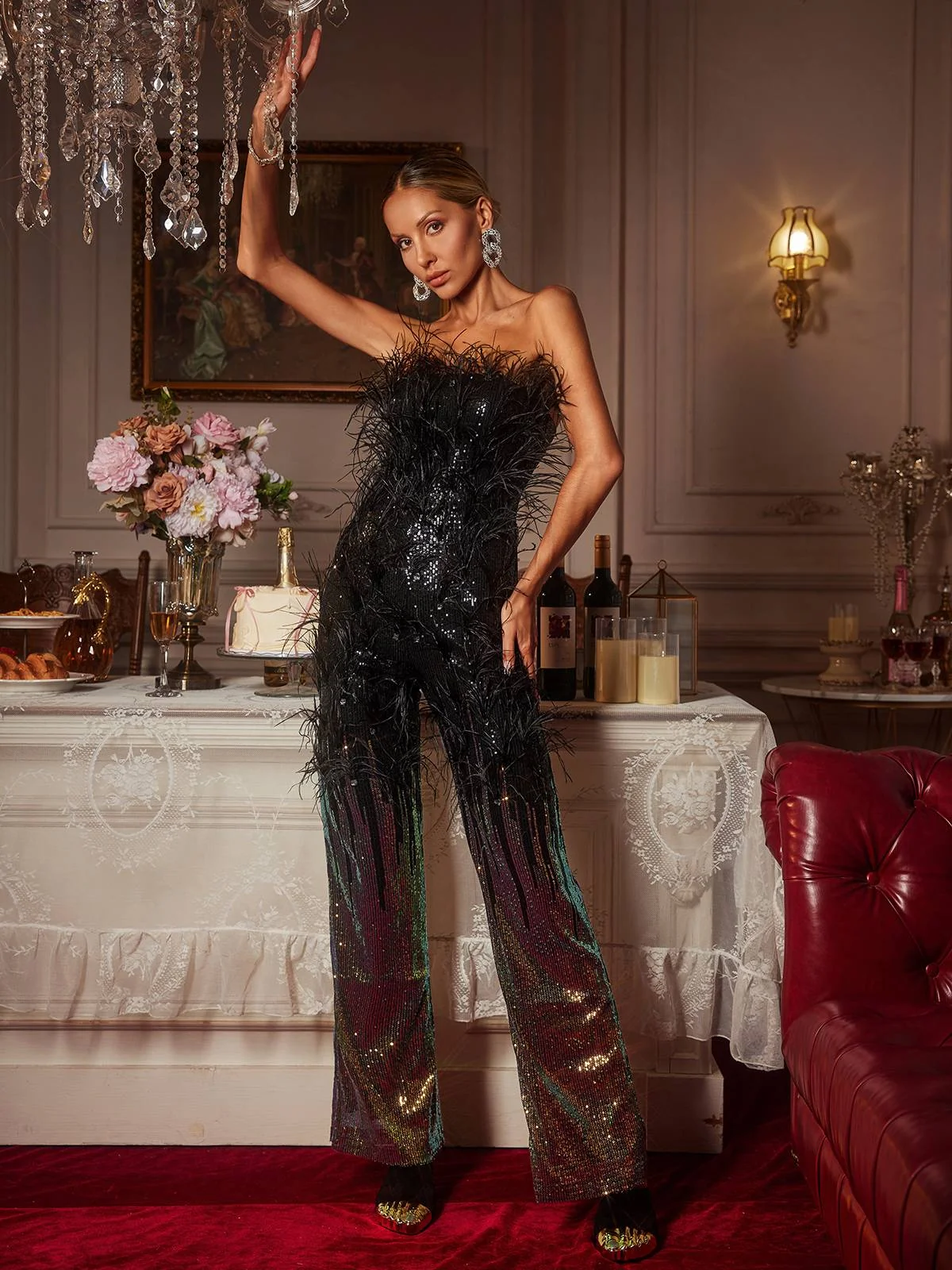 Ombre Sequin Feather Jumpsuit - Glamorous Evening Wear