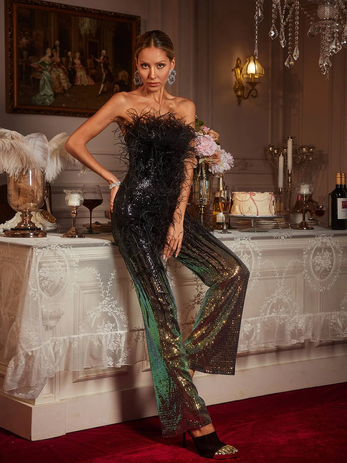 Ombre Sequin Feather Jumpsuit - Glamorous Evening Wear