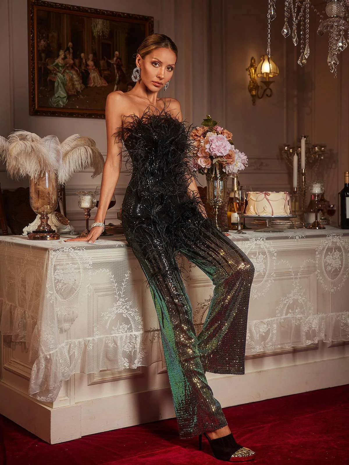 Ombre Sequin Feather Jumpsuit - Glamorous Evening Wear