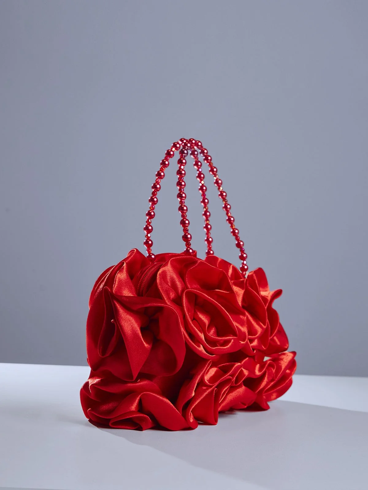 Red Floral Satin Shoulder Bag - Elegant Flower Design