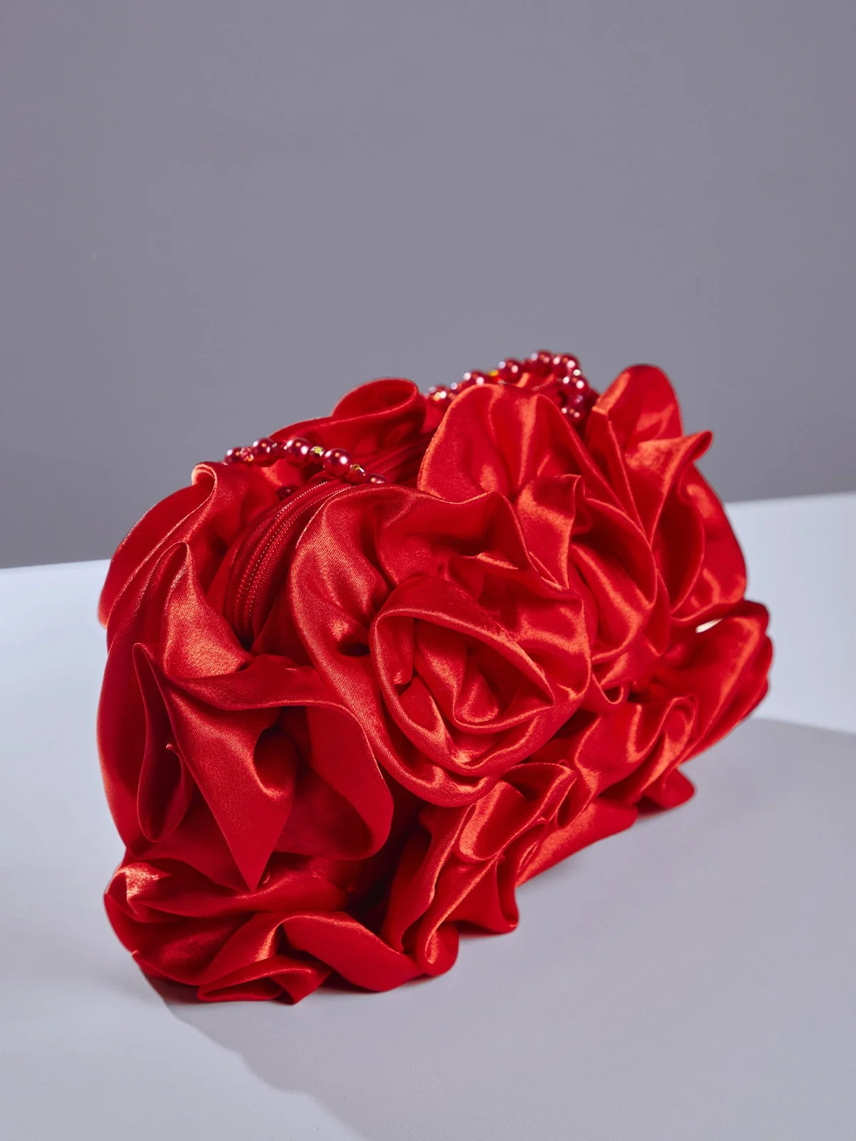 Red Floral Satin Shoulder Bag - Elegant Flower Design