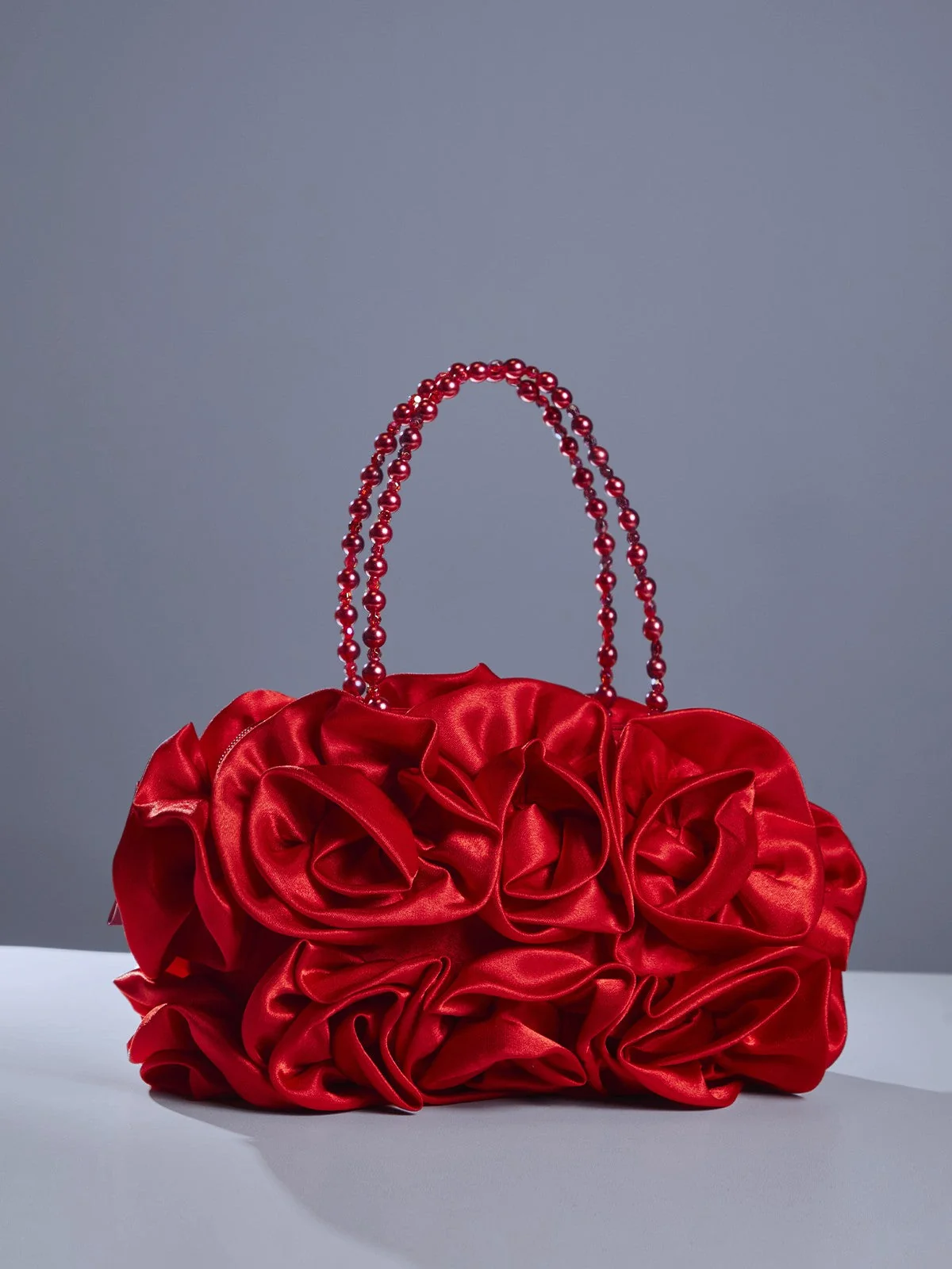 Red Floral Satin Shoulder Bag - Elegant Flower Design