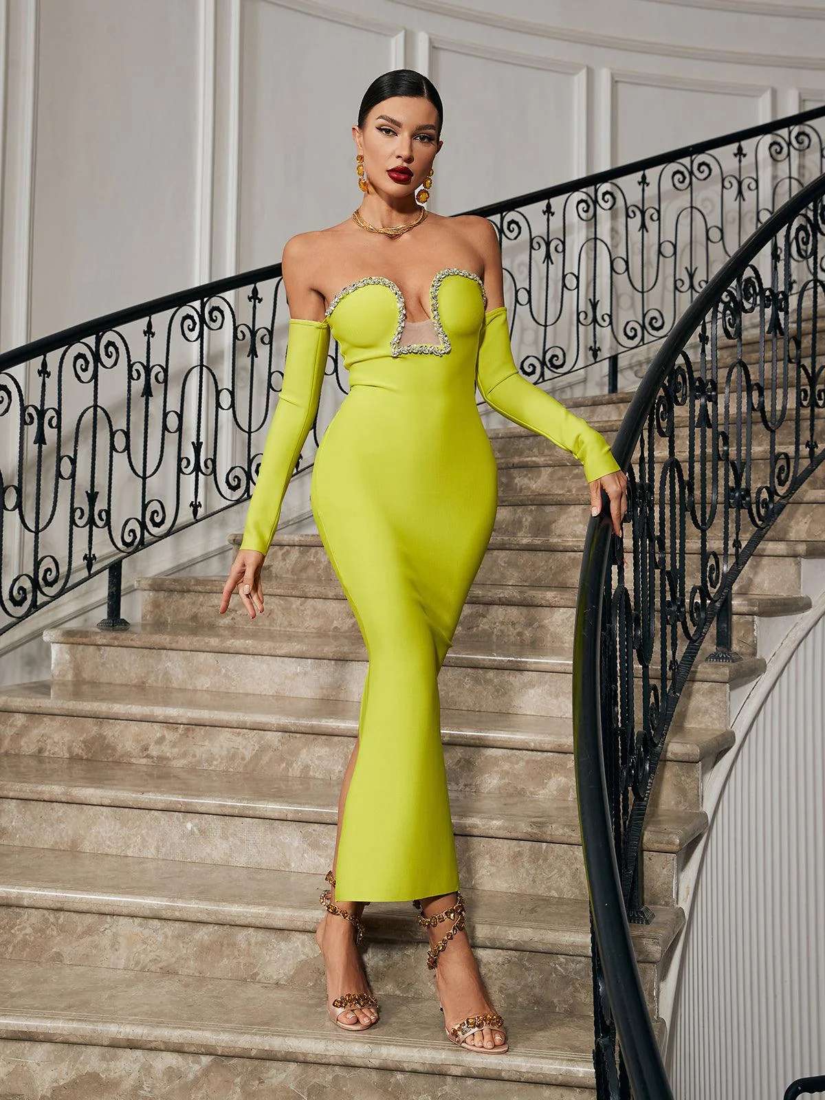 Yellow Bandage Crystals Off Shoulder Maxi Dress
