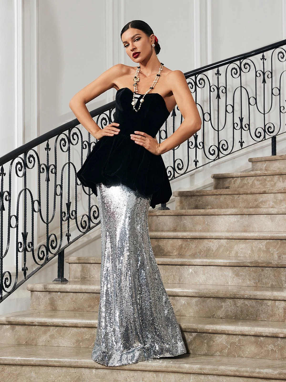 Patchwork Velvet Mermaid Maxi Dress - Elegant Black Silhouette