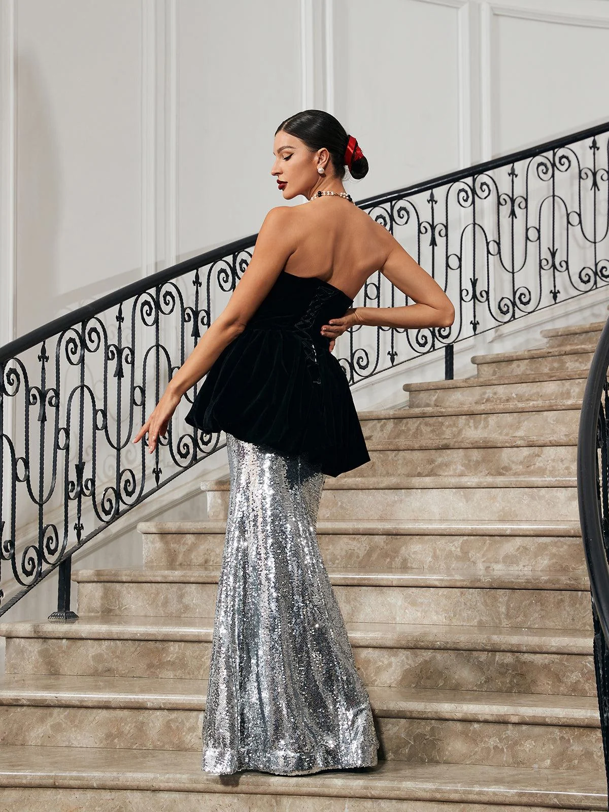 Patchwork Velvet Mermaid Maxi Dress - Elegant Black Silhouette