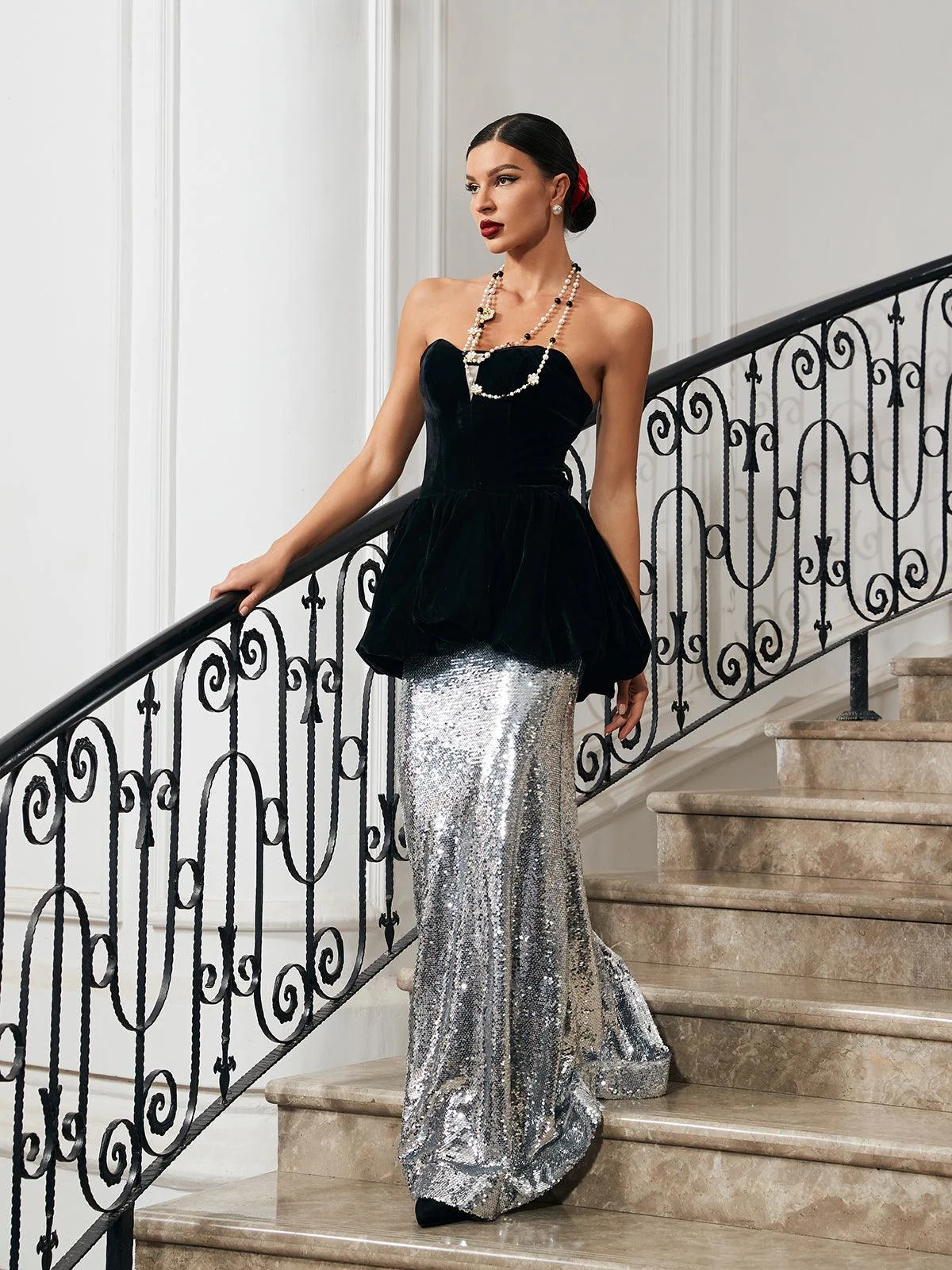 Patchwork Velvet Mermaid Maxi Dress - Elegant Black Silhouette