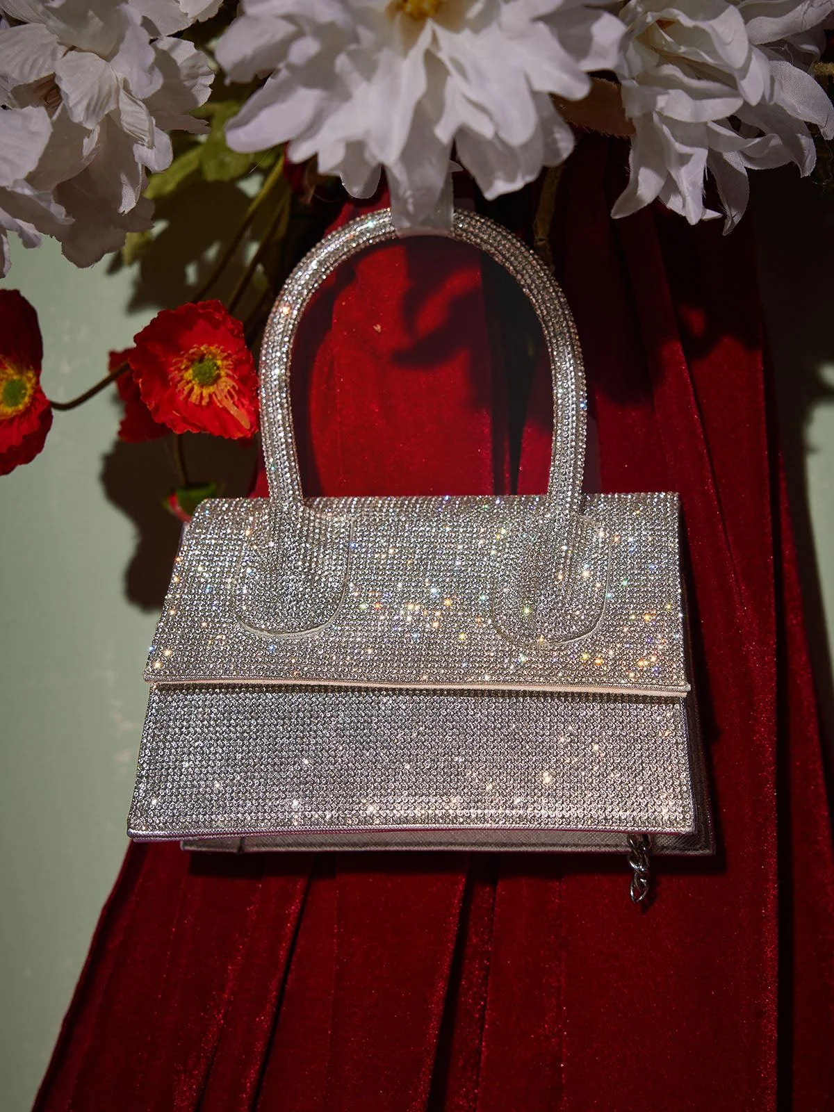 Silver Crystal Clutch Bag - Glamorous PU Clutch for Special Events