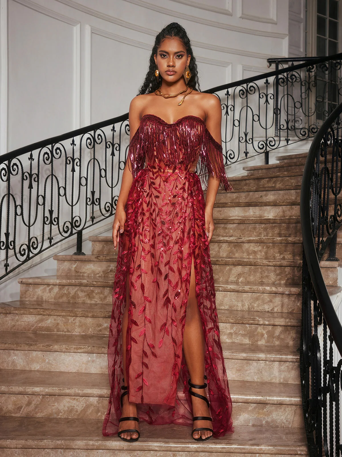 Wine Leafy Fringe Maxi Dress - Elegant Strapless Style