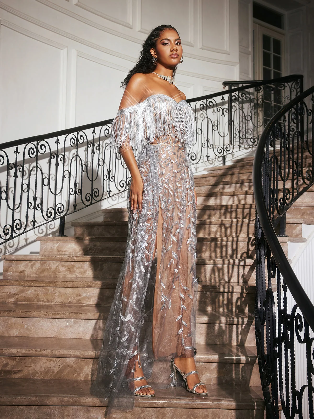 Elegant Silver Leafy Fringe Maxi Dress - Glamorous Look