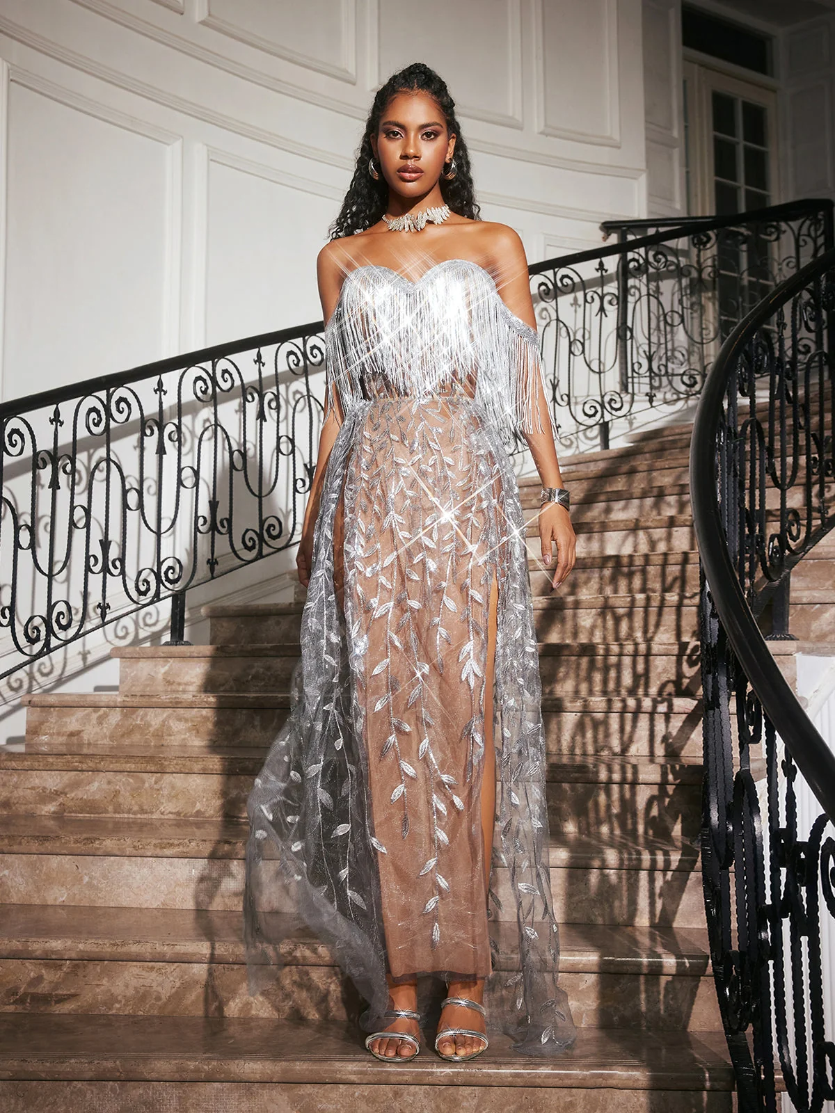 Elegant Silver Leafy Fringe Maxi Dress - Glamorous Look