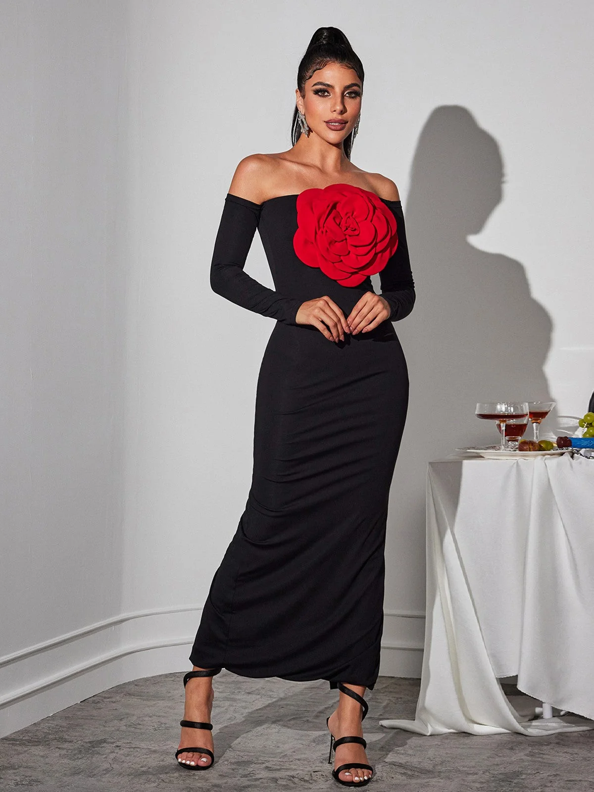 Red Flower Off-Shoulder Maxi Dress