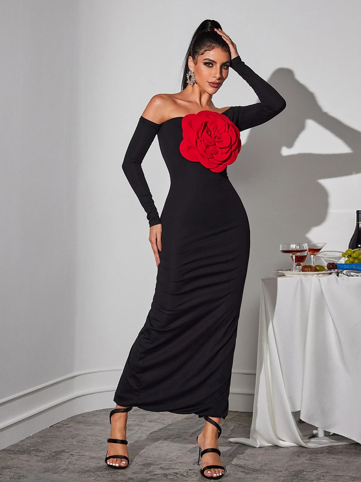 Red Flower Off-Shoulder Maxi Dress