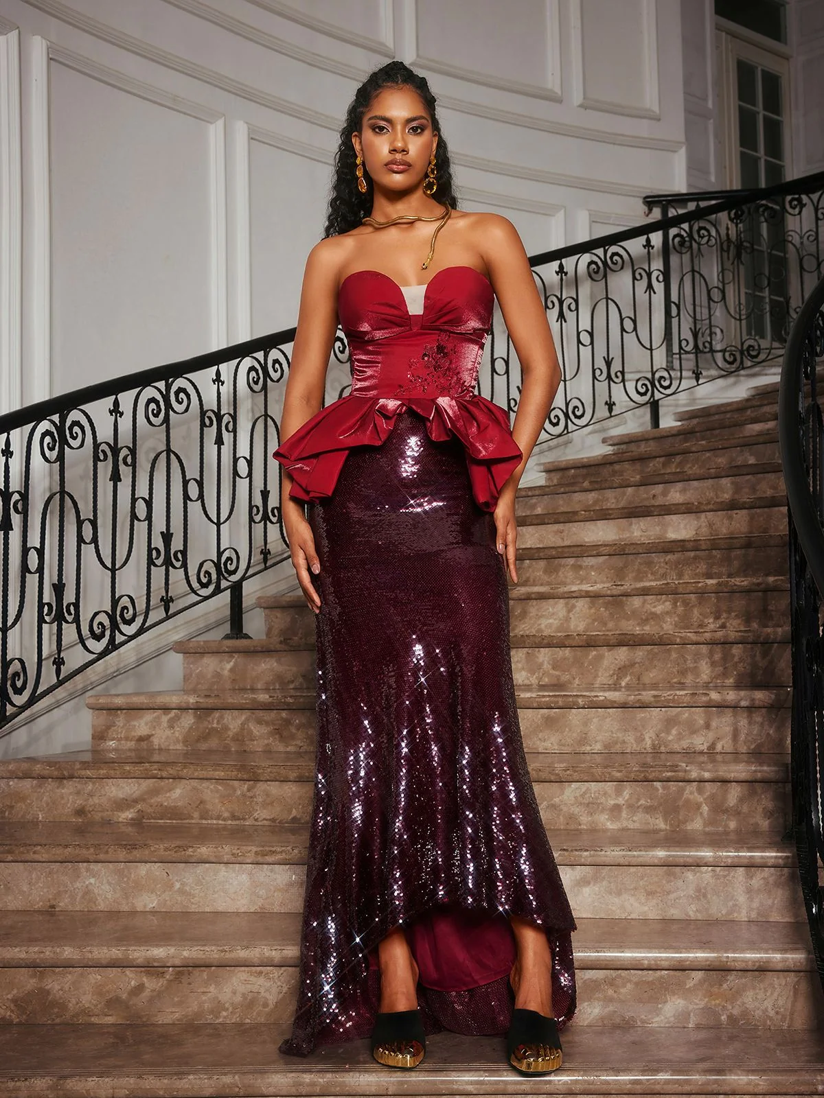 Floral Sequin Maxi Dress - Elegant Strapless Design