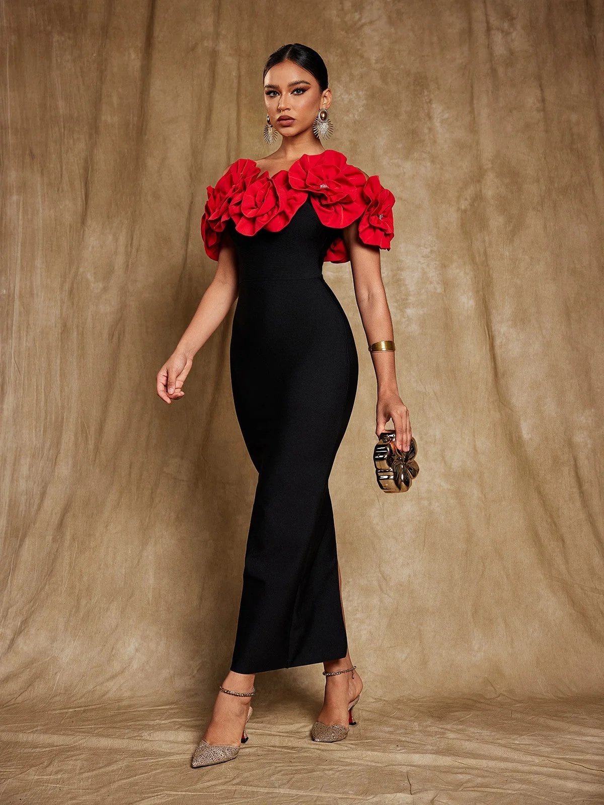 Red Flower Bandage Off-Shoulder Dress