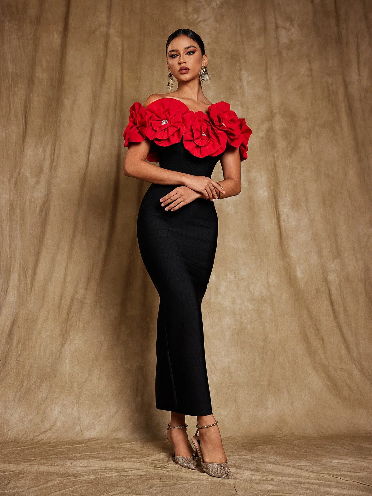 Red Flower Bandage Off-Shoulder Dress