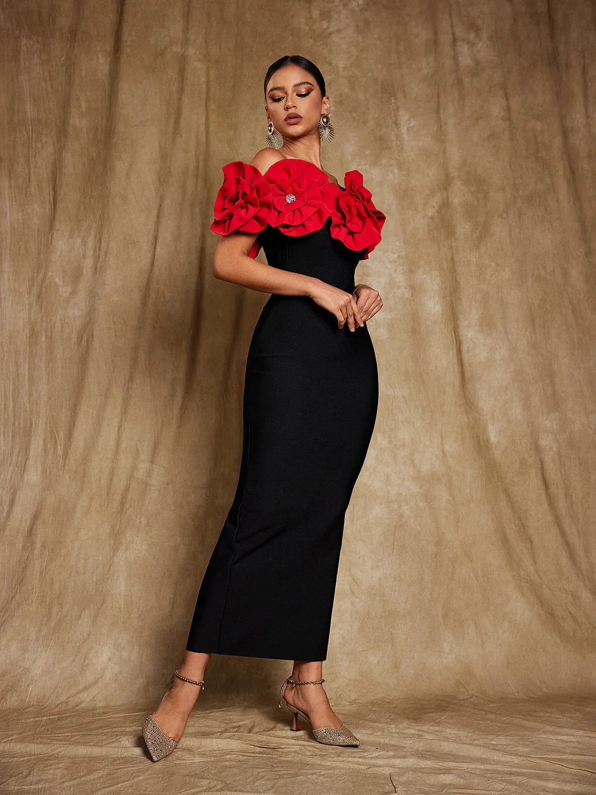 Red Flower Bandage Off-Shoulder Dress