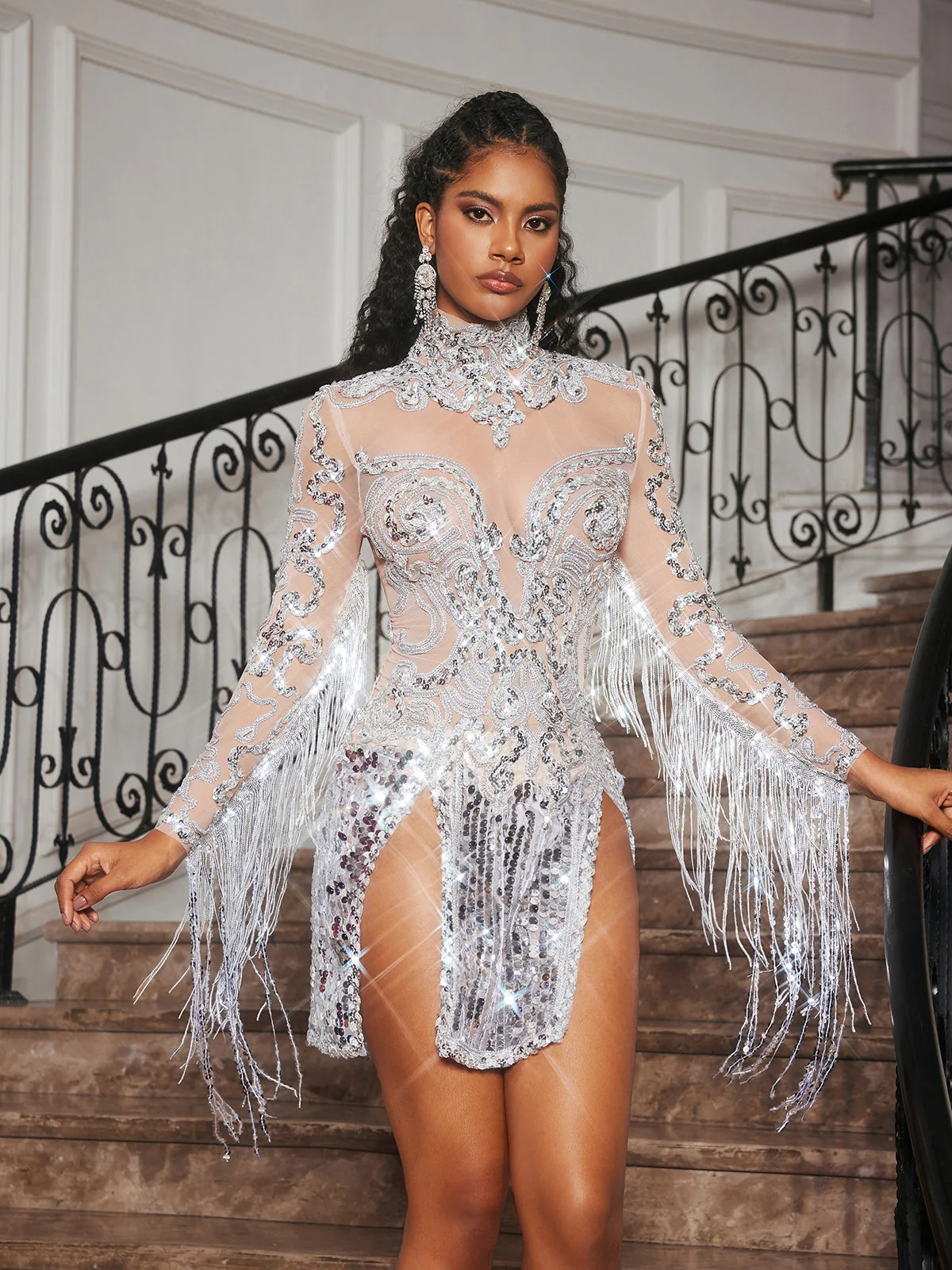 Silver Embellished Fringe Split Mini Dress - Glamorous Statement Piece