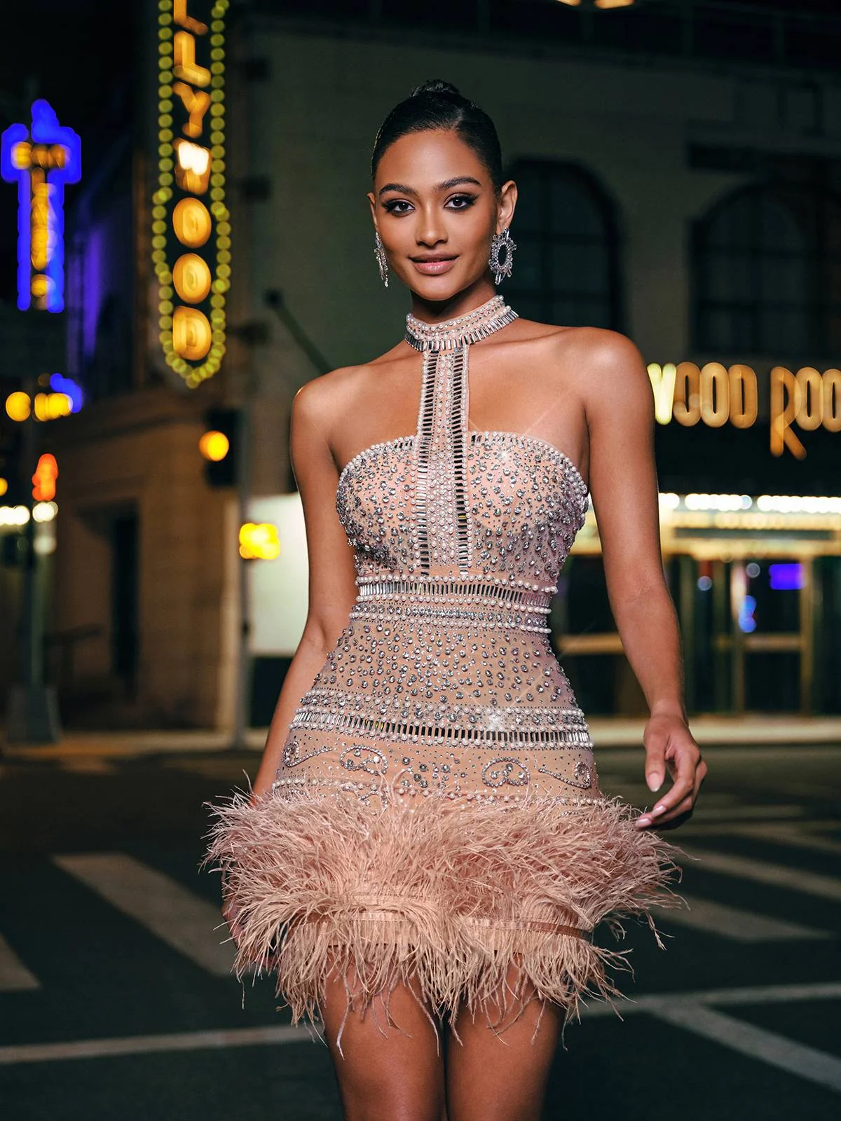 Sparkling Rhinestone Feather Halter Neck Mini Dress