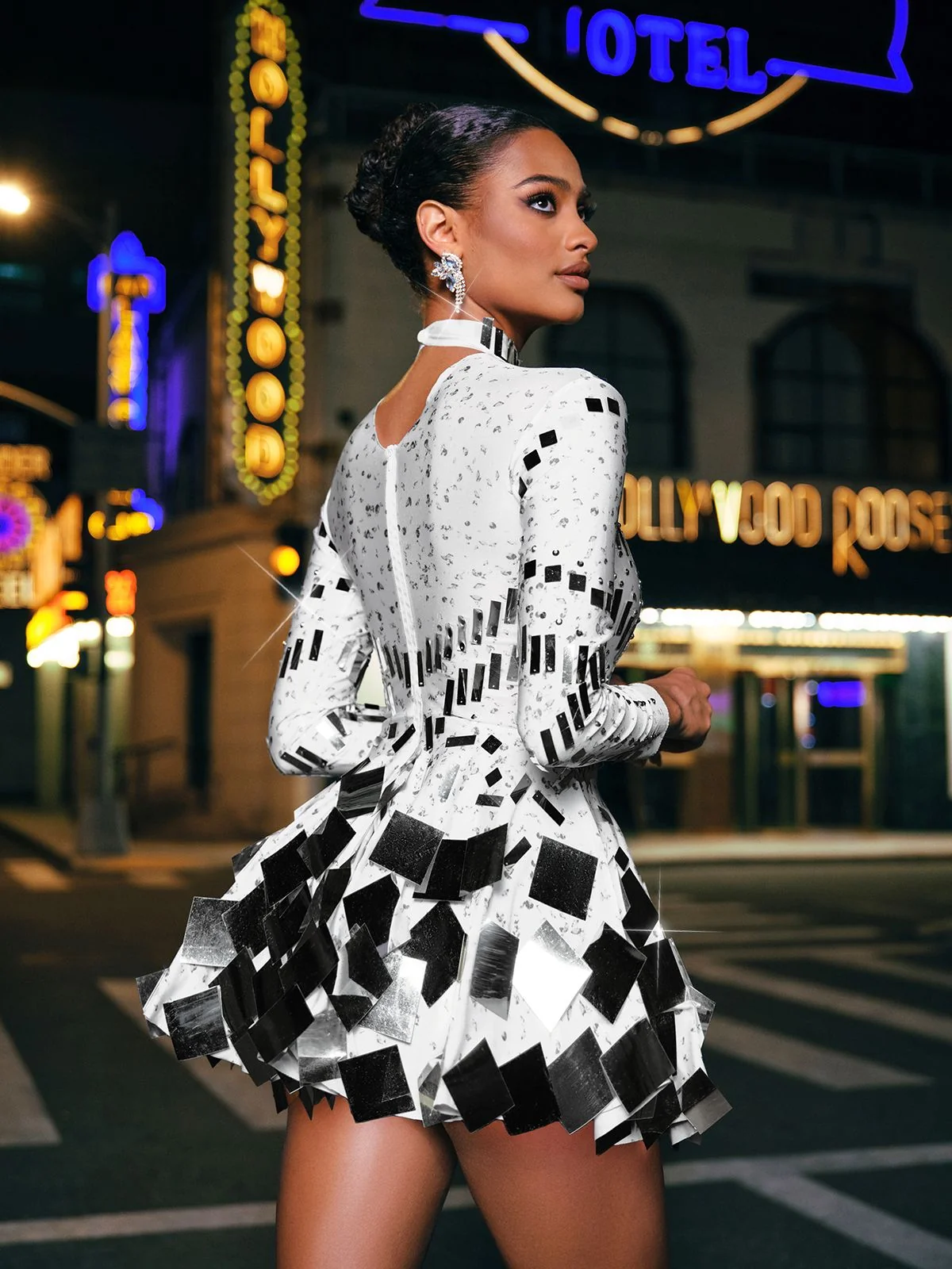 White Embellished Long Sleeve Mini Dress - Elegant Chic Design