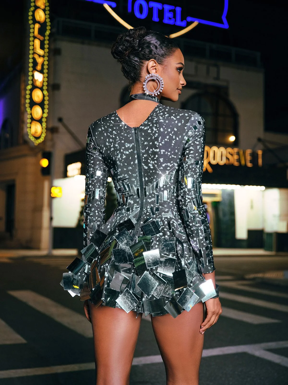 Black Embellished Long Sleeve Mini Dress - Elegant Formal Attire