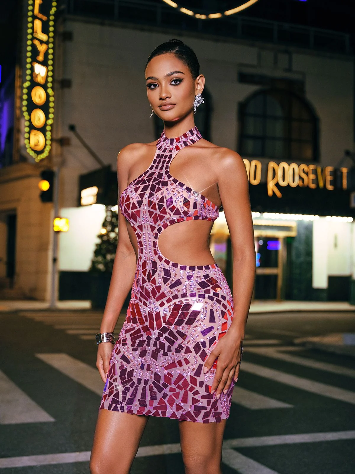 Sparkling Pink Cutout Mini Dress with Acrylic Embellishments