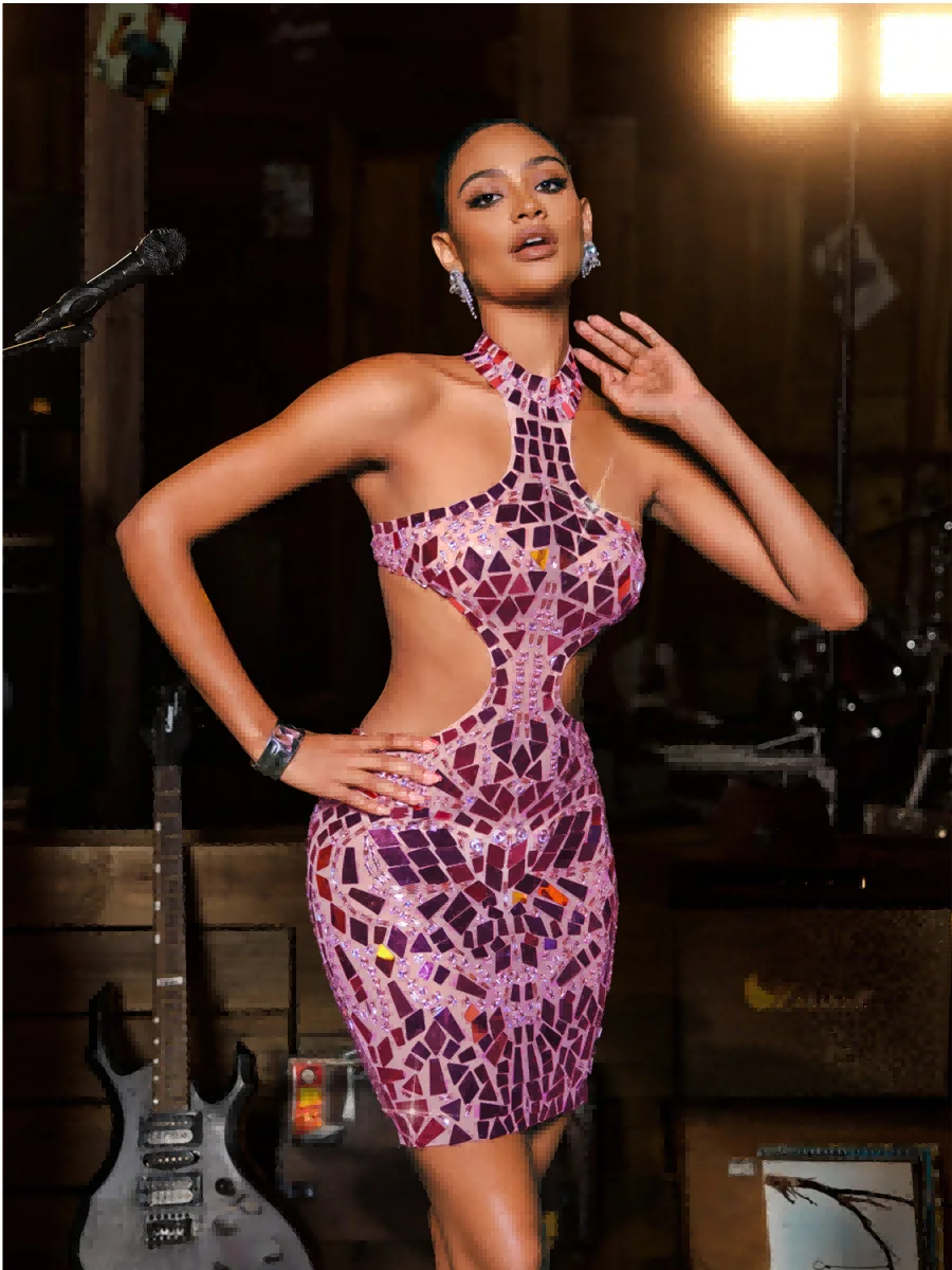 Sparkling Pink Cutout Mini Dress with Acrylic Embellishments