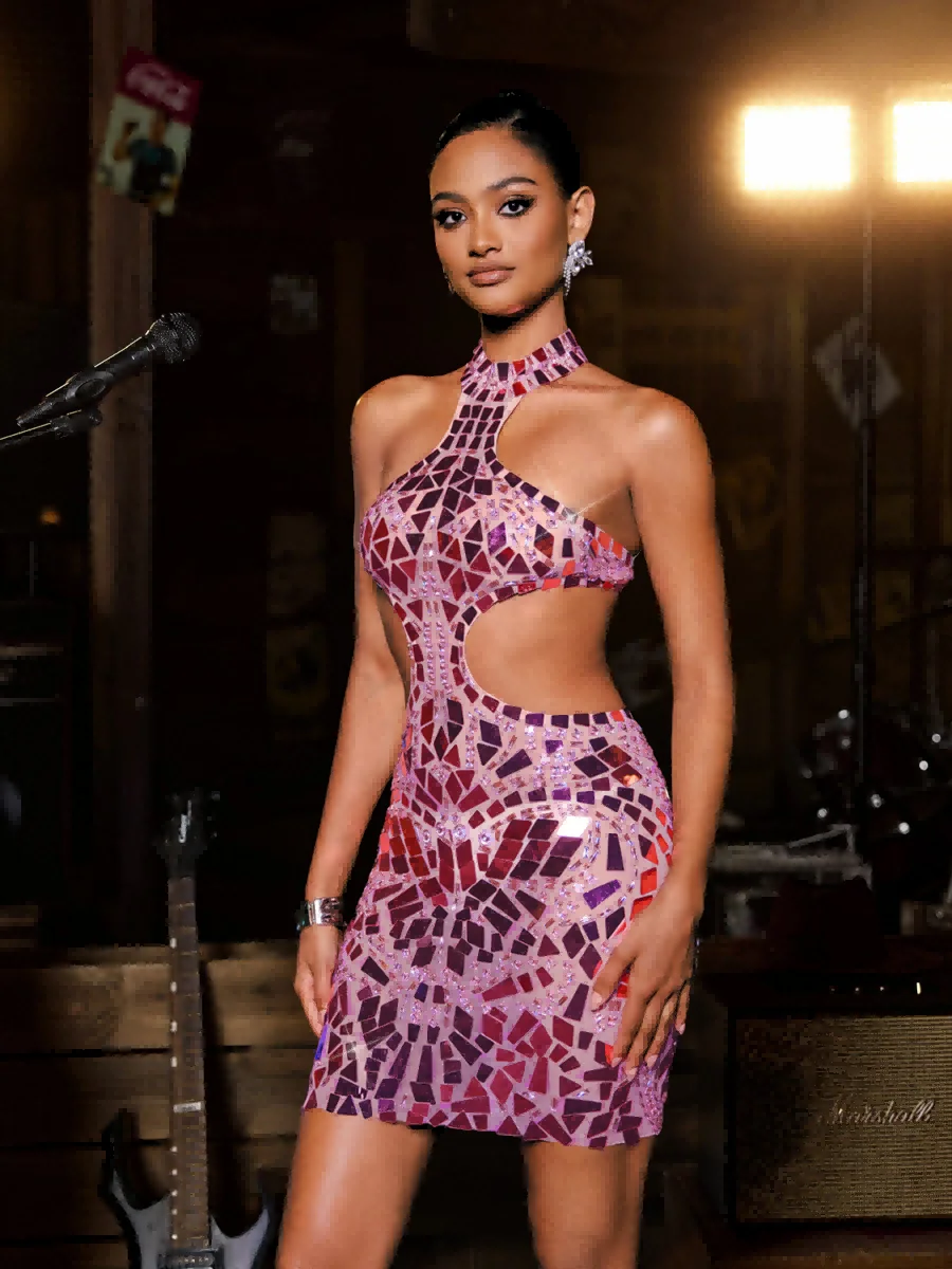 Sparkling Pink Cutout Mini Dress with Acrylic Embellishments