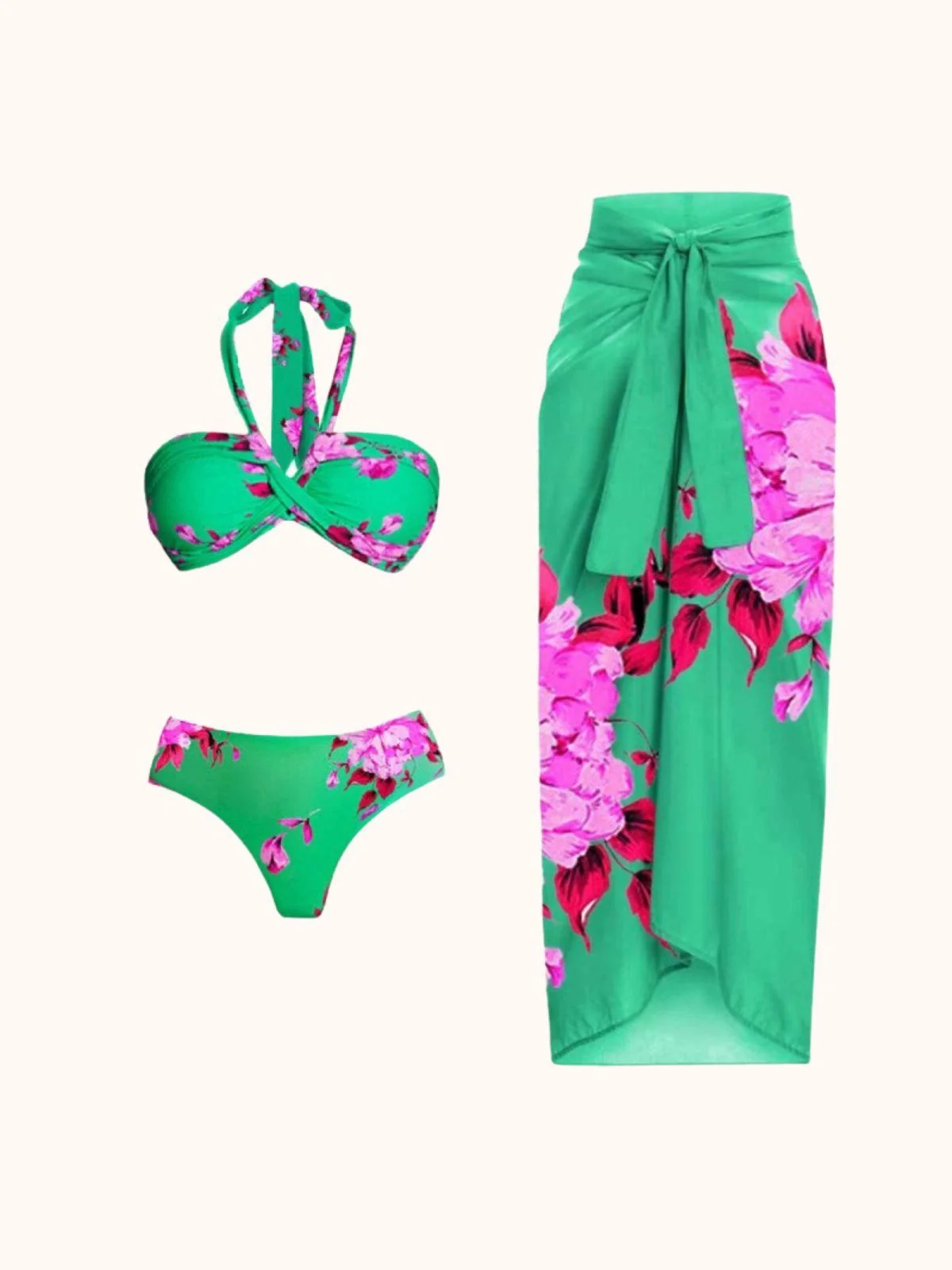 Green Floral Halter Neck Bikini Set