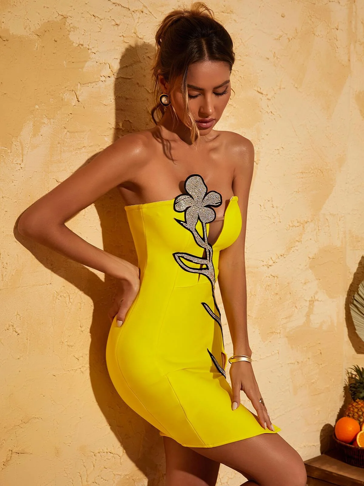 Yellow Bandage Mini Dress with Rhinestone Embellishment