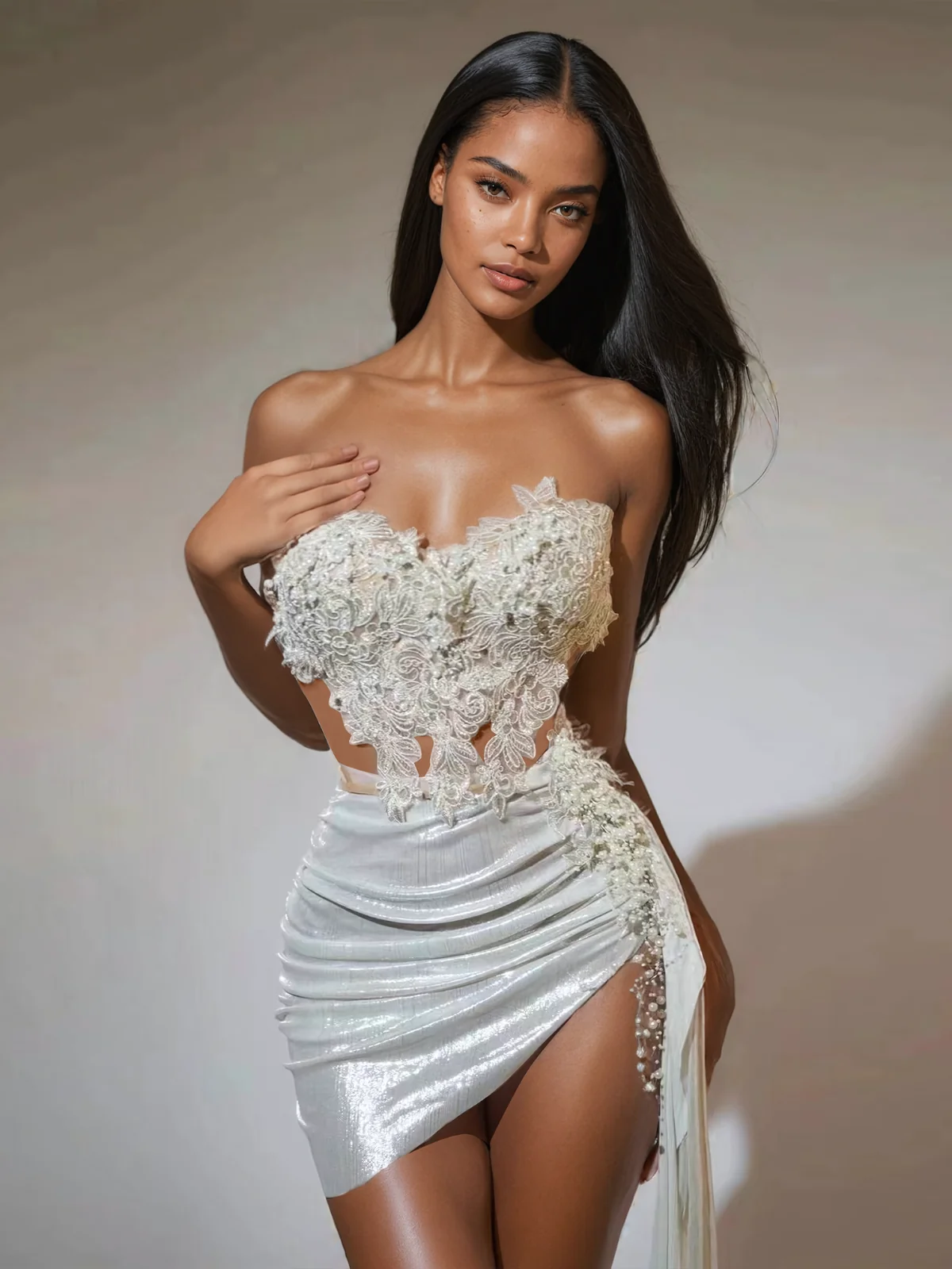 Strapless Ruched Skirt Set - Elegant White Floral Ensemble