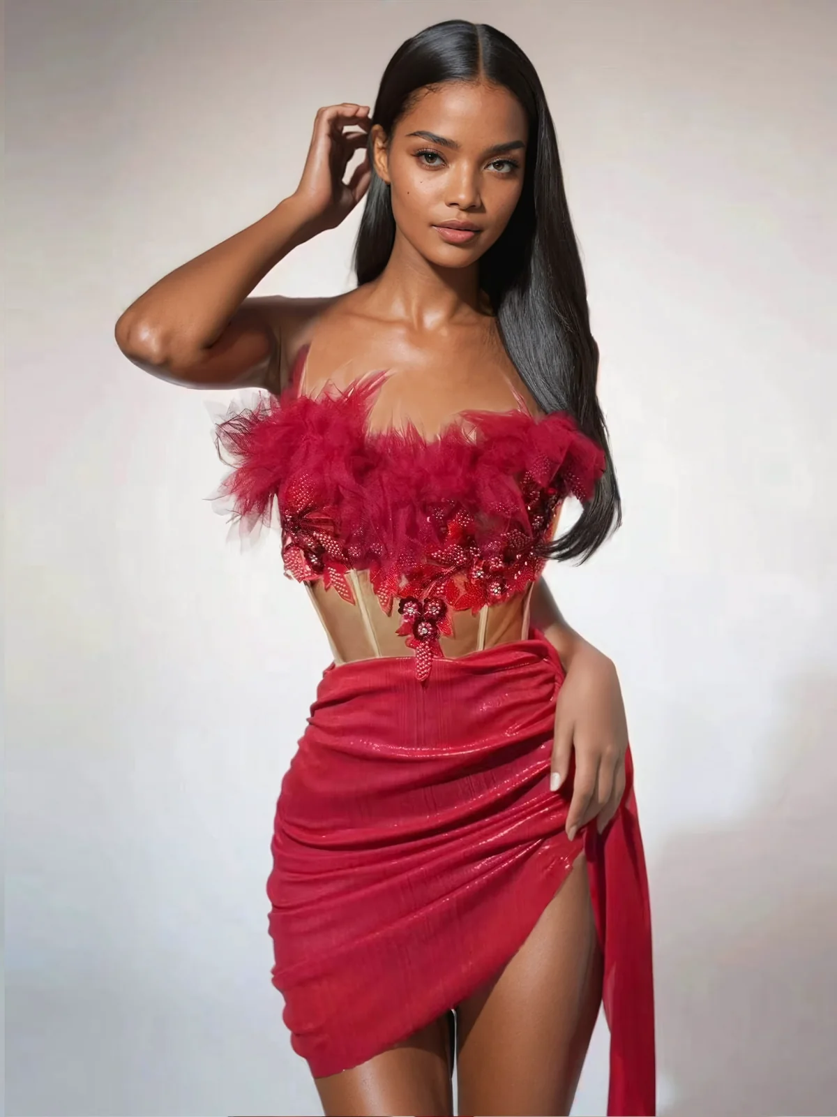 Red Feather Trimmed Corset Mini Skirt Set