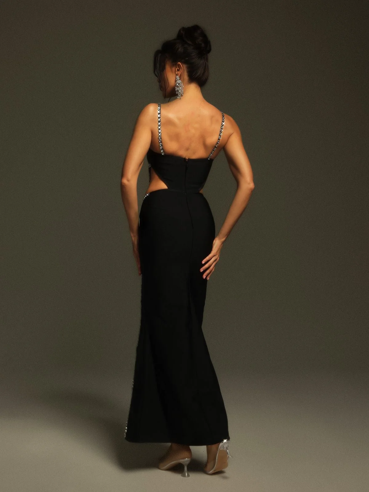 Black Rhinestone Cutout Bandage Maxi Dress