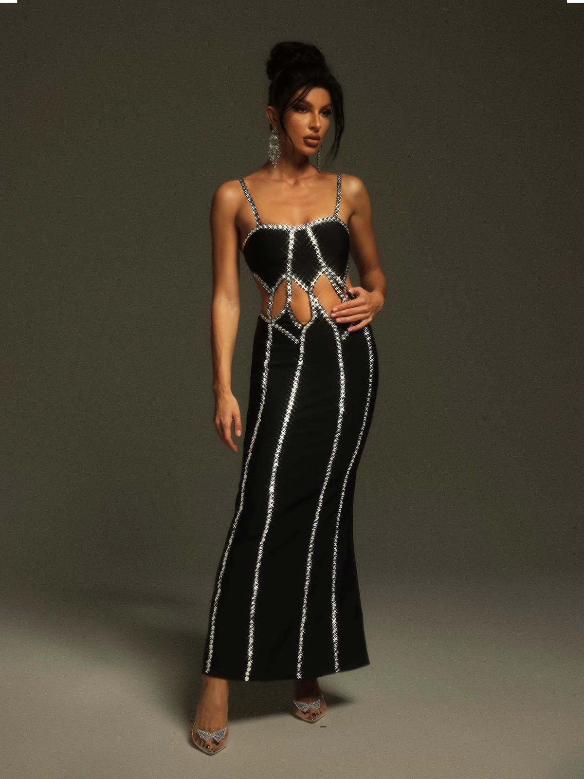 Black Rhinestone Cutout Bandage Maxi Dress