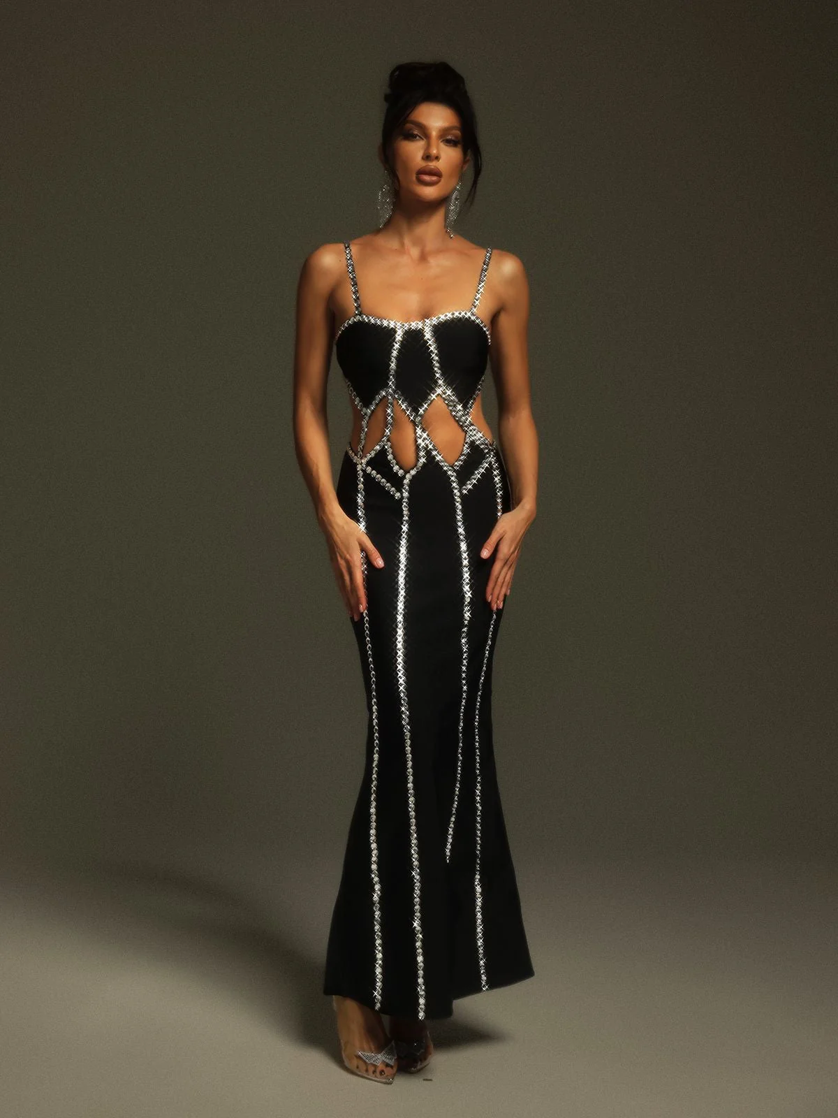 Black Rhinestone Cutout Bandage Maxi Dress