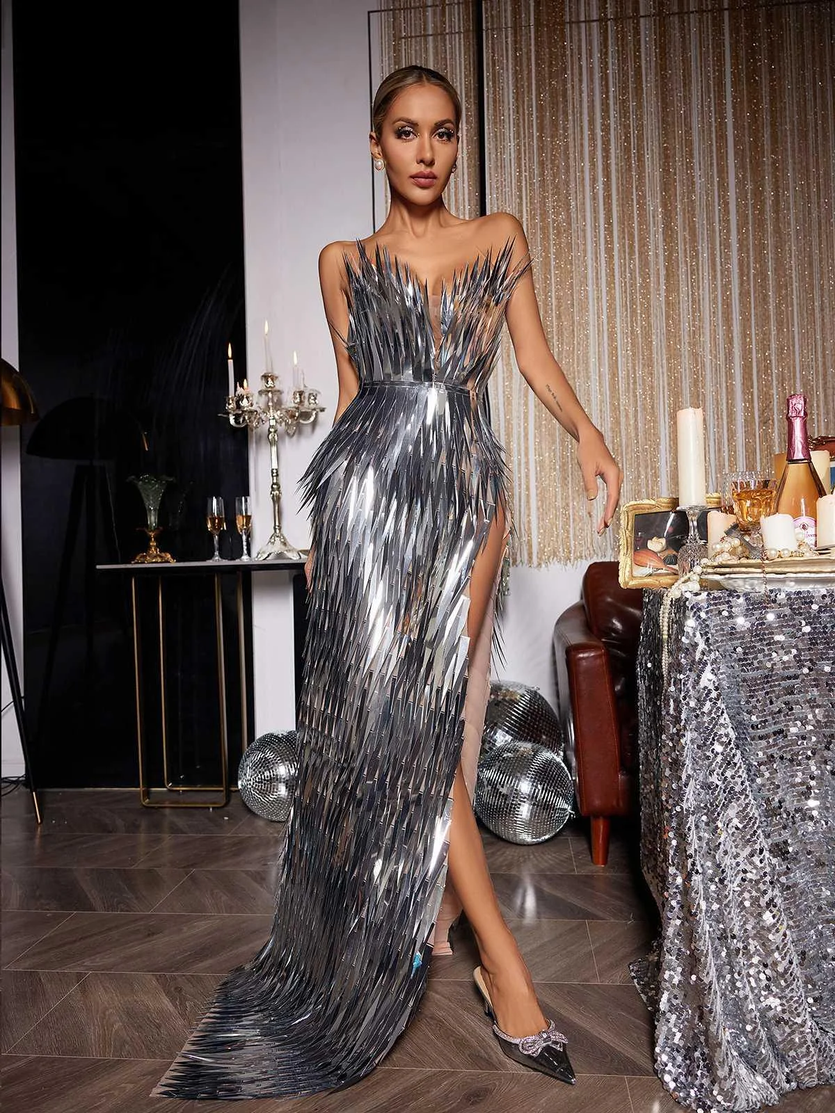 Silver Feather Embellished Dress for Elegant Occasions