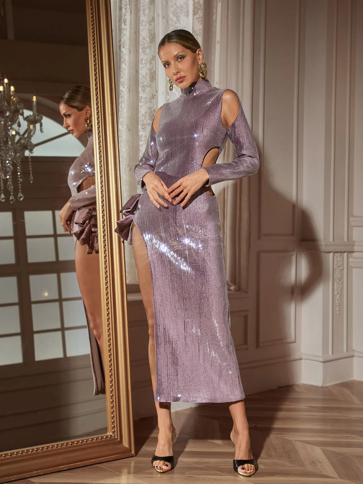 Purple Sequin Long Sleeve Maxi Dress
