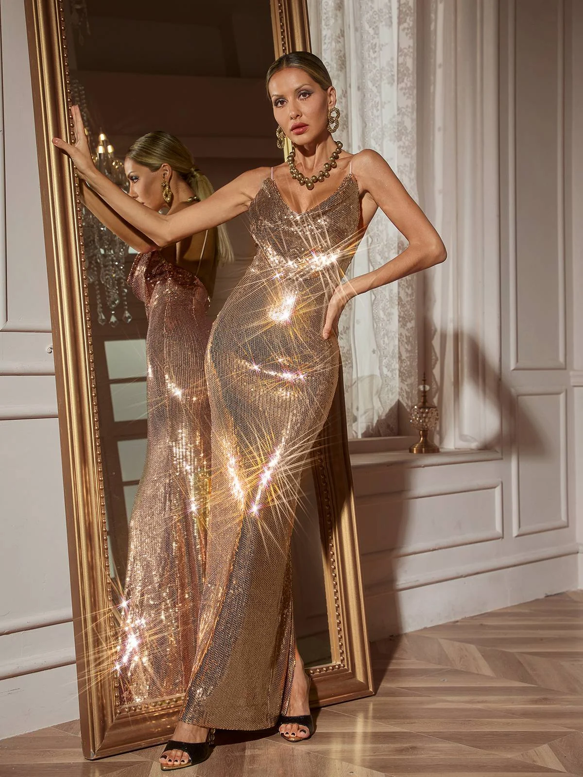 Gold Sequin Spaghetti Strap Maxi Dress