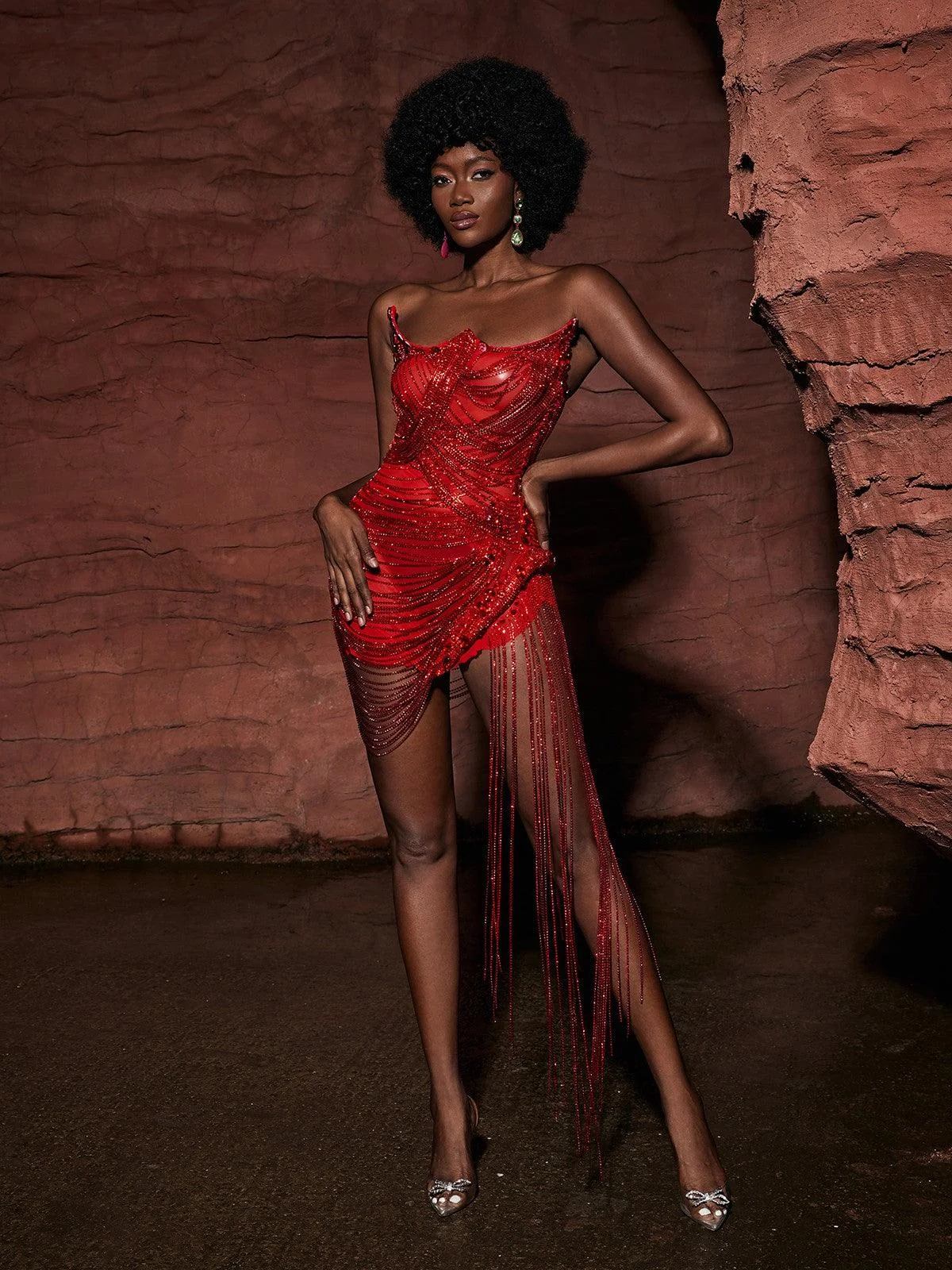 Red Rhinestone Embellished Fringe Hemline Strapless Mini Dress