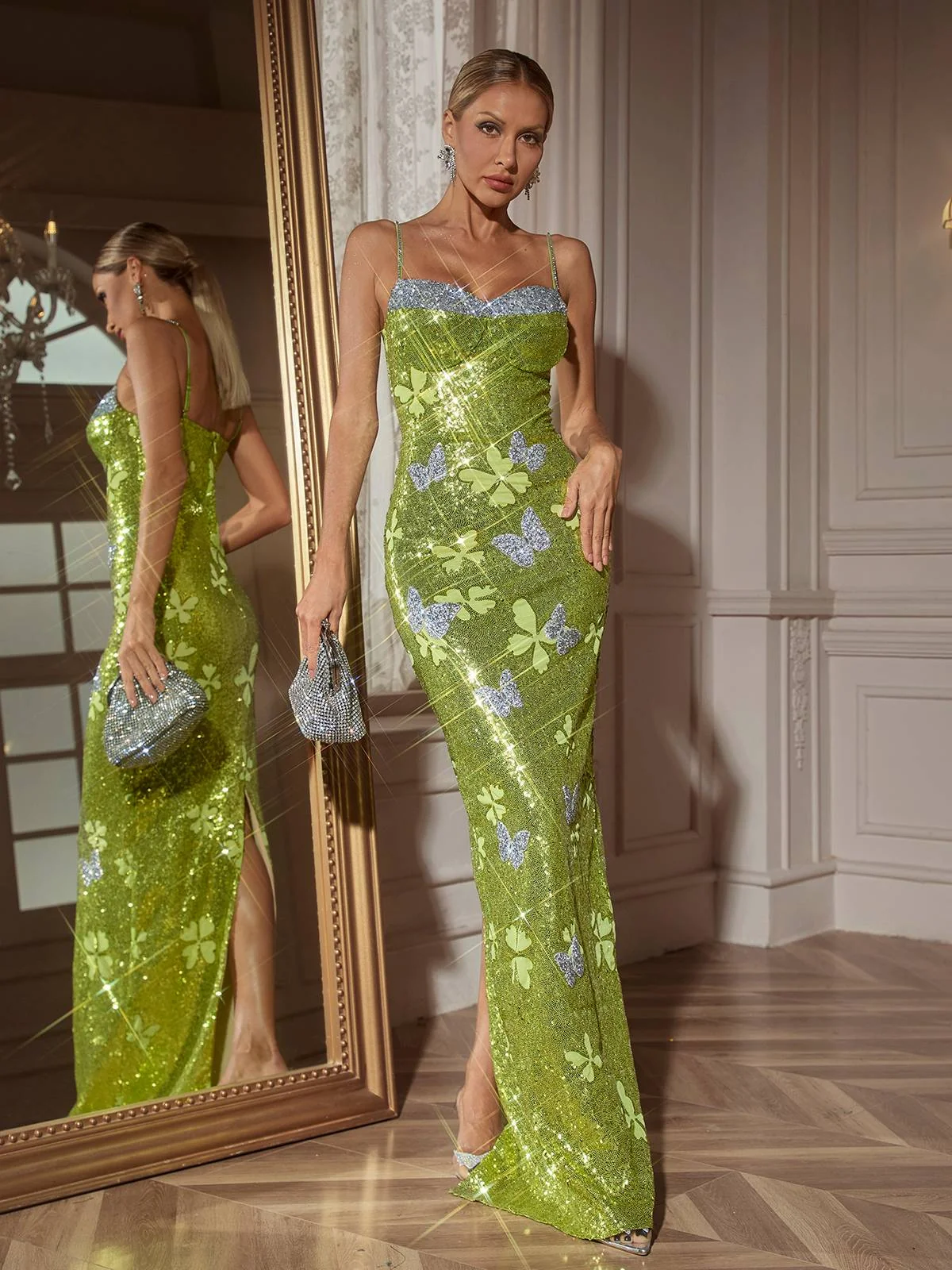 Green Butterfly Sequin Maxi Dress - Glamorous Evening Wear