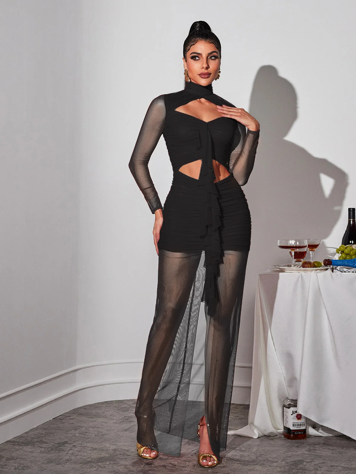 Black Cutout Mesh Maxi Dress with Long Sleeves