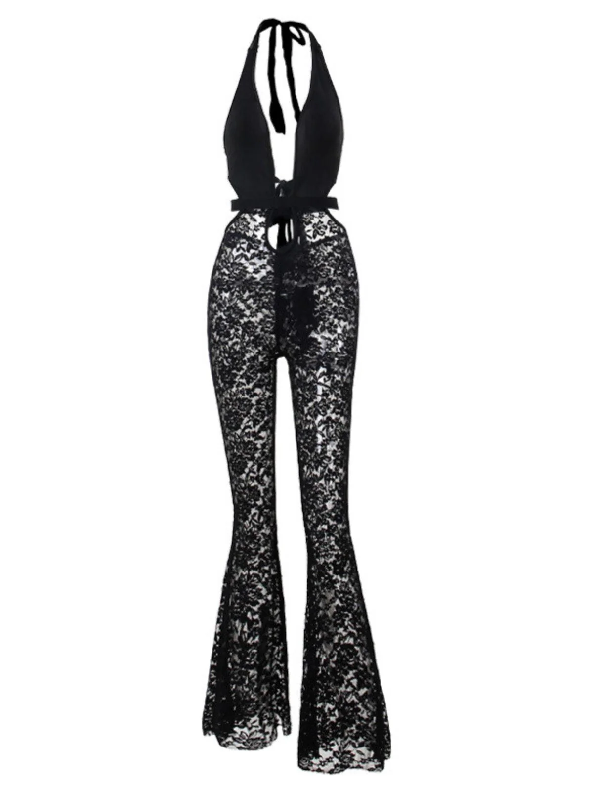 Black Lace Cutout Jumpsuit with Open Back