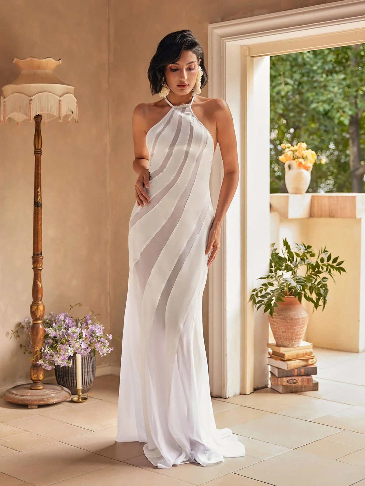 Elegant White Satin Halter Maxi Dress