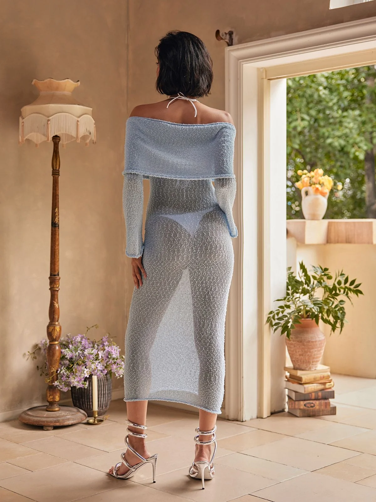 Blue Knit Off Shoulder Maxi Dress - Elegant Style