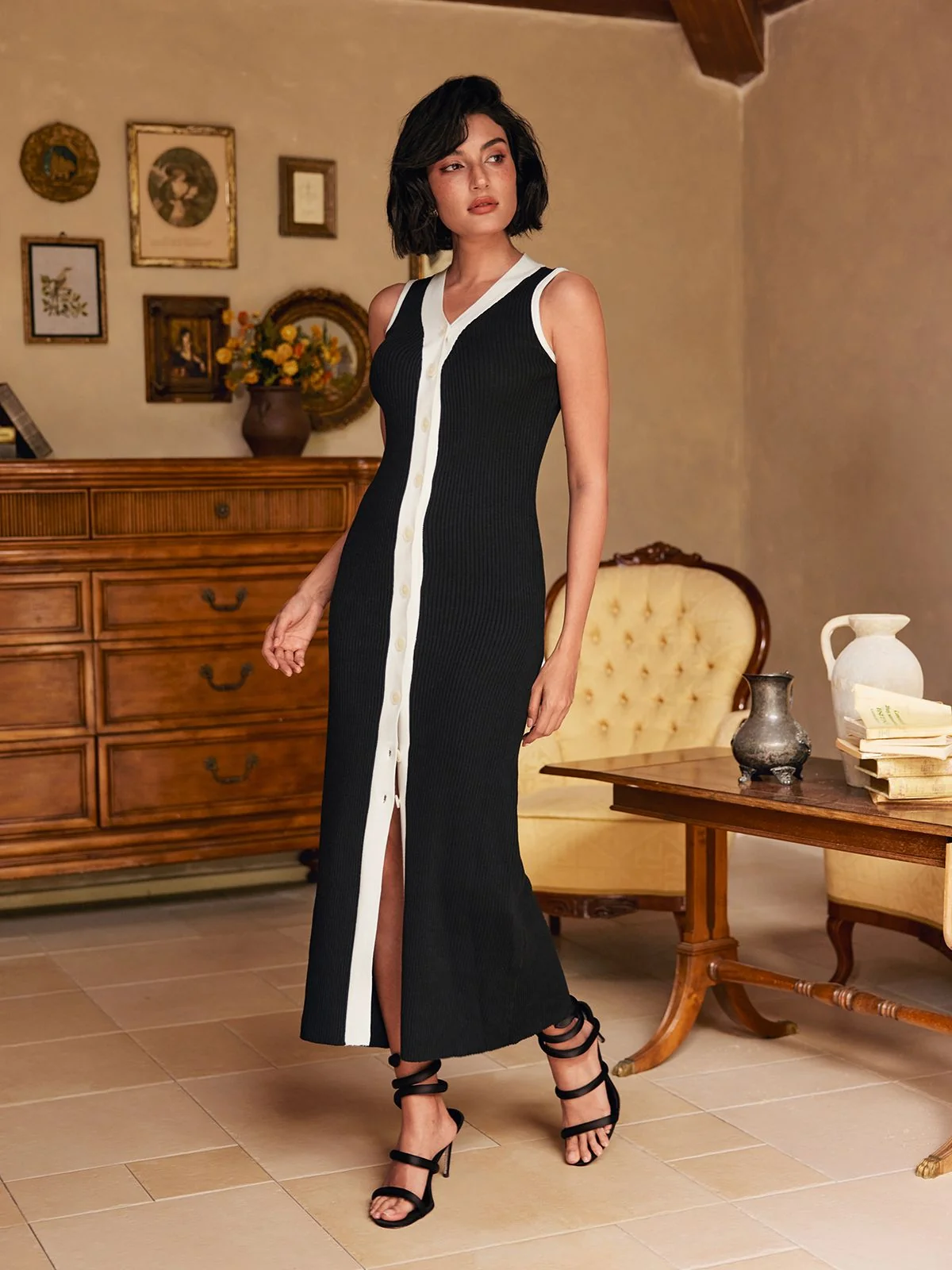 Black Knitted Midi Dress with V Neckline